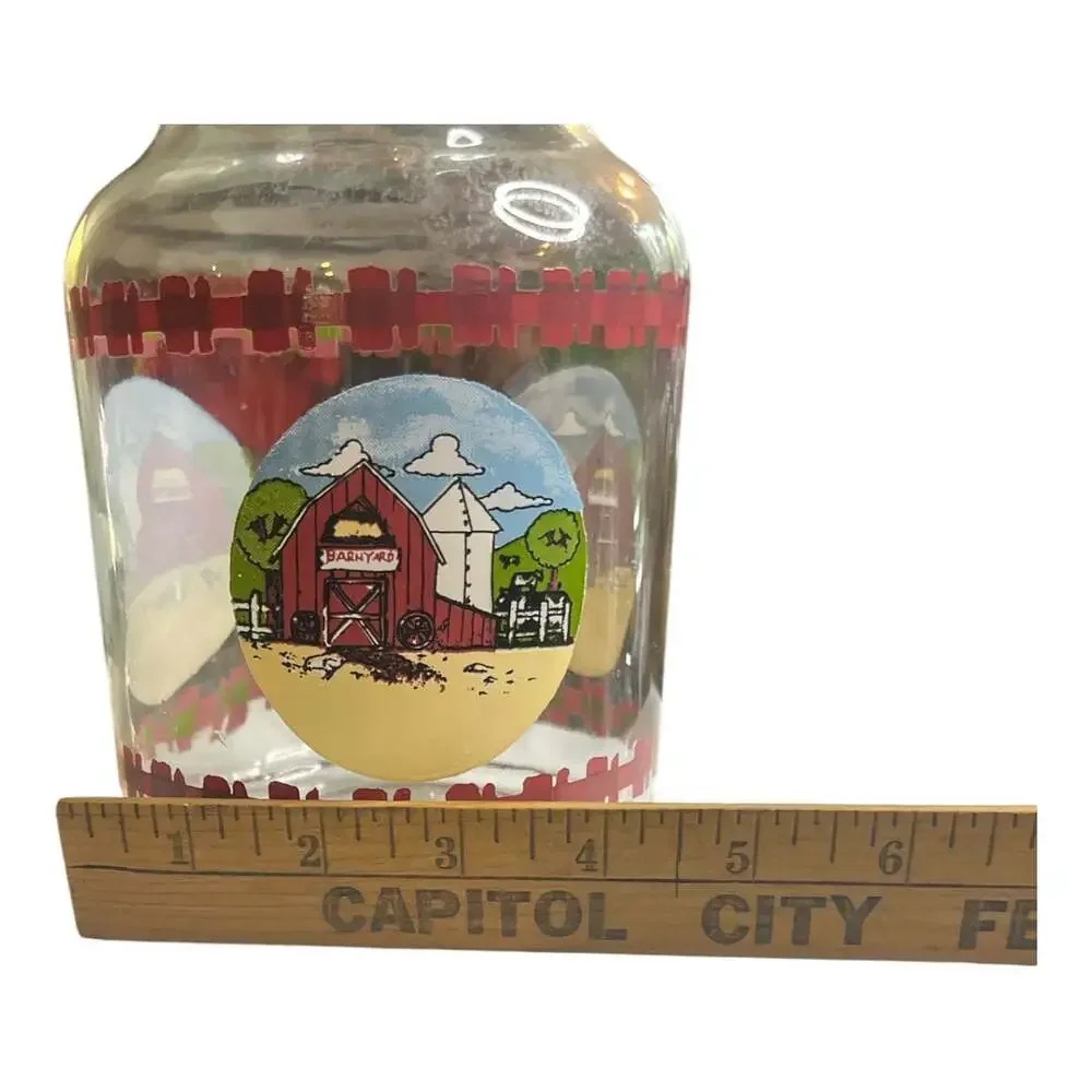 Vintage KIG Glass Carafe Juice Pitcher Farm Country Barnyard with Plastic Lid